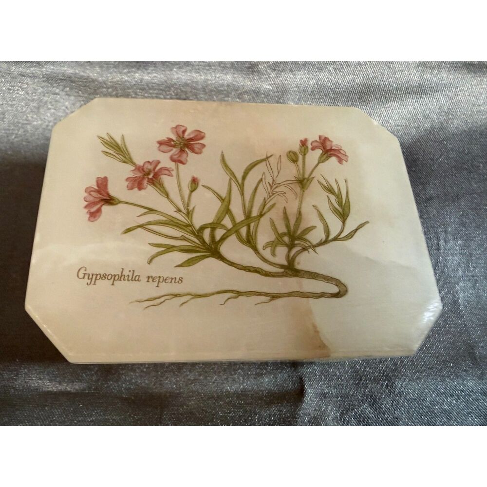 Vintage Alabaster Trinket Box Gypsophila Repens Botanical Stone Box